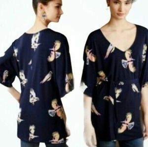 Deletta Anthropologie Fly Away Canary Large Bird Print Navy Blue Tunic SZ M